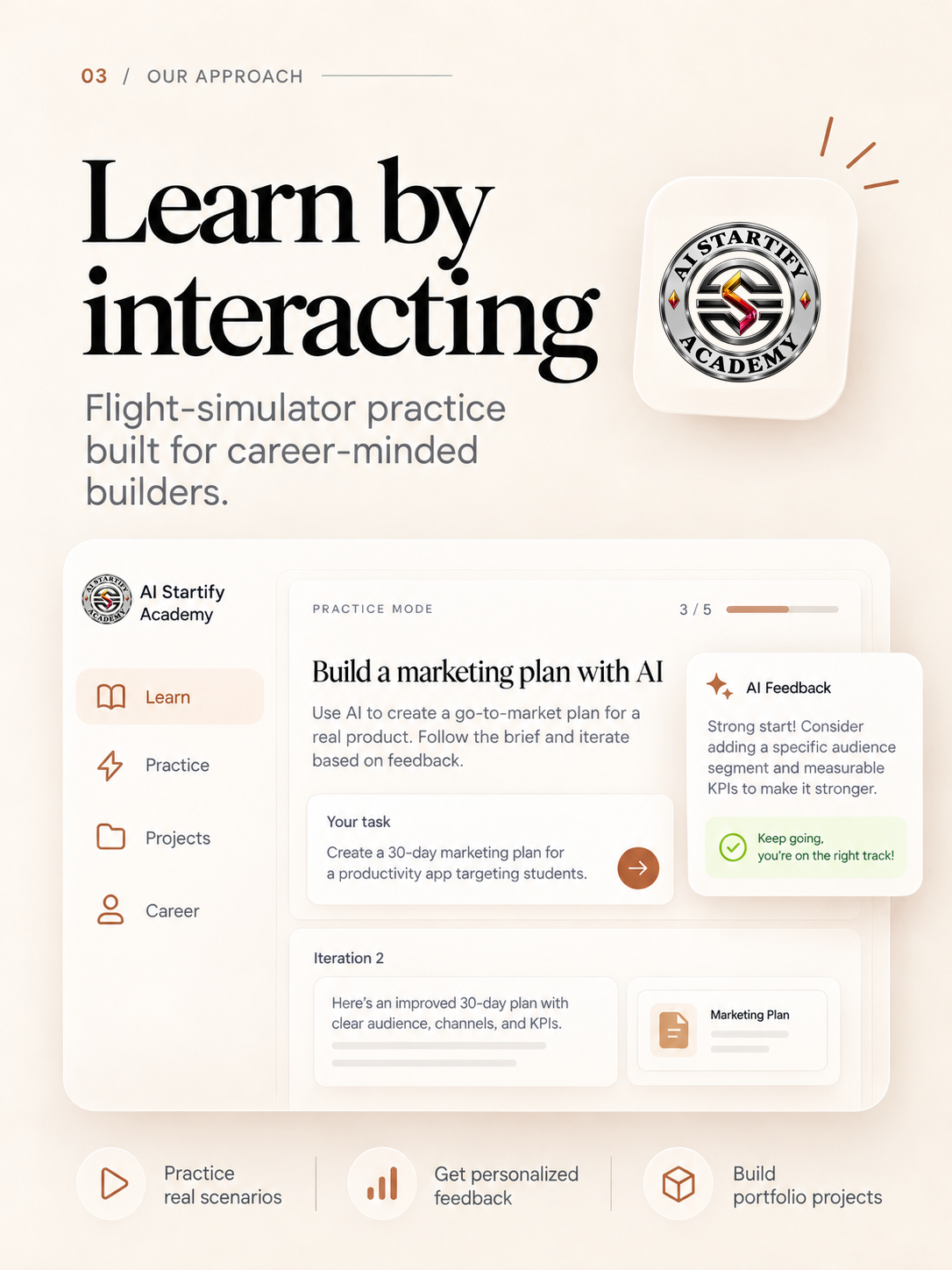 Original six-slide AIStartify Academy introduction: practical learning, projects and community. — slide 3