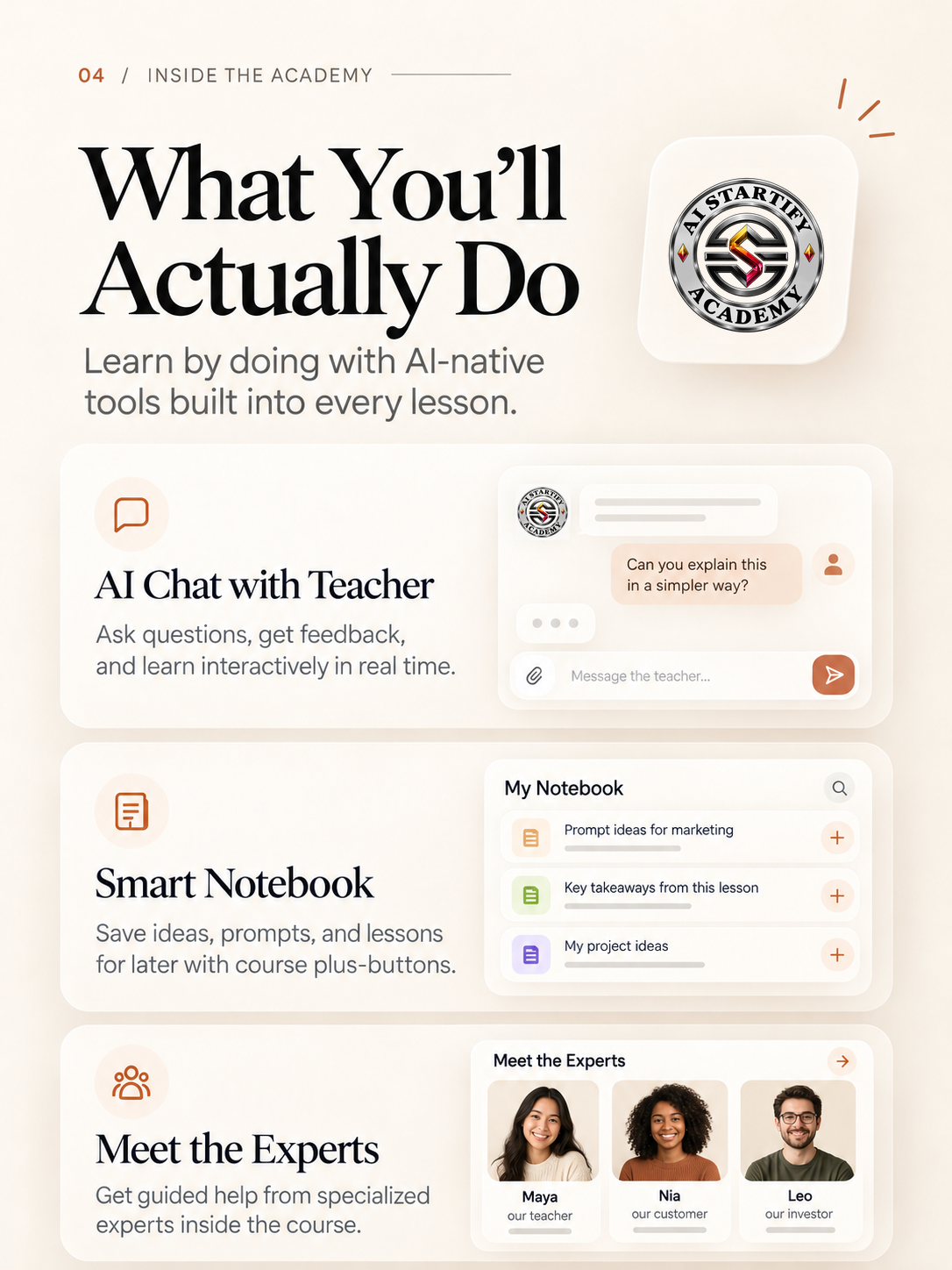 Original six-slide AIStartify Academy introduction: practical learning, projects and community. — slide 4