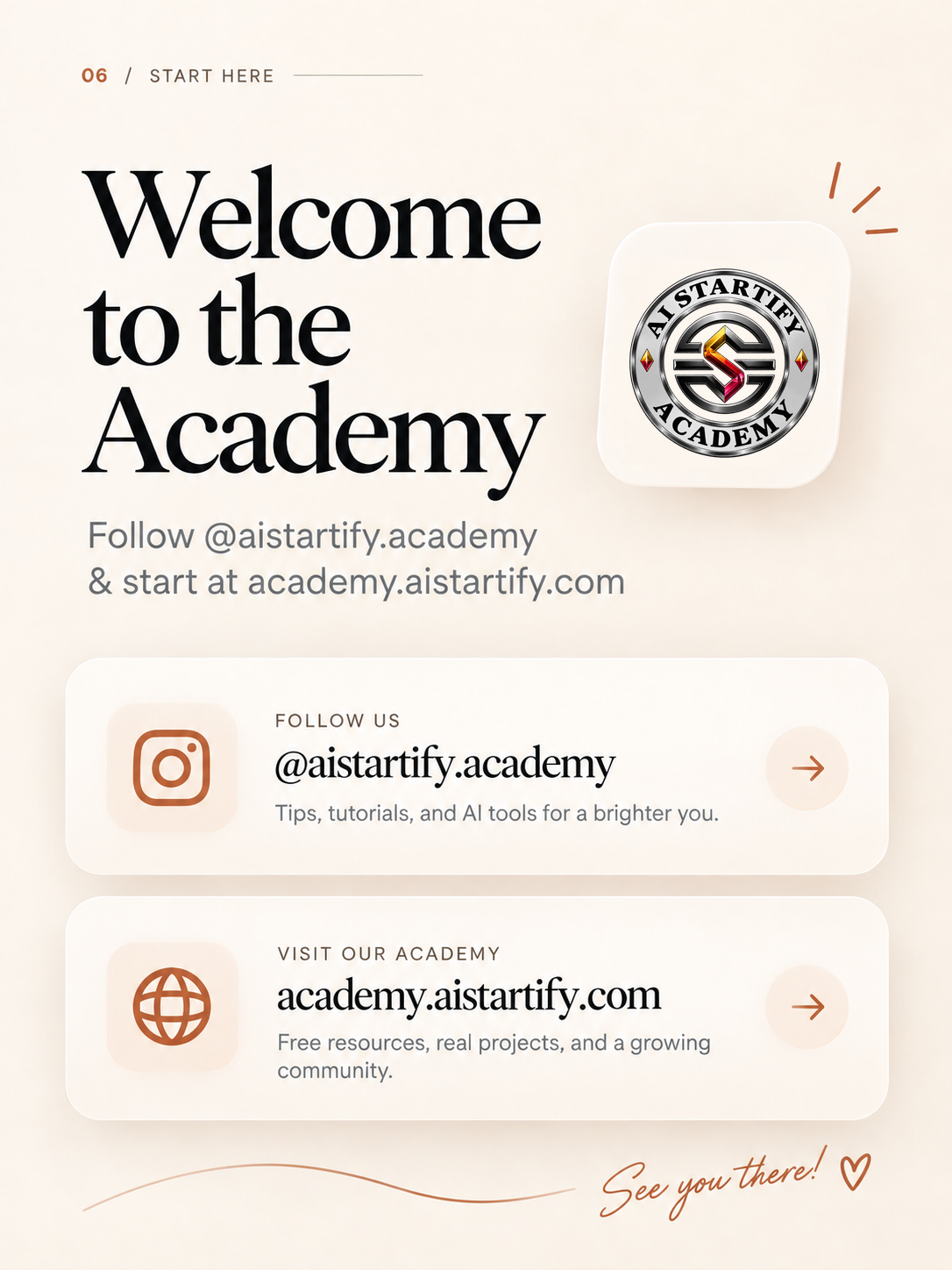 Original six-slide AIStartify Academy introduction: practical learning, projects and community. — slide 6