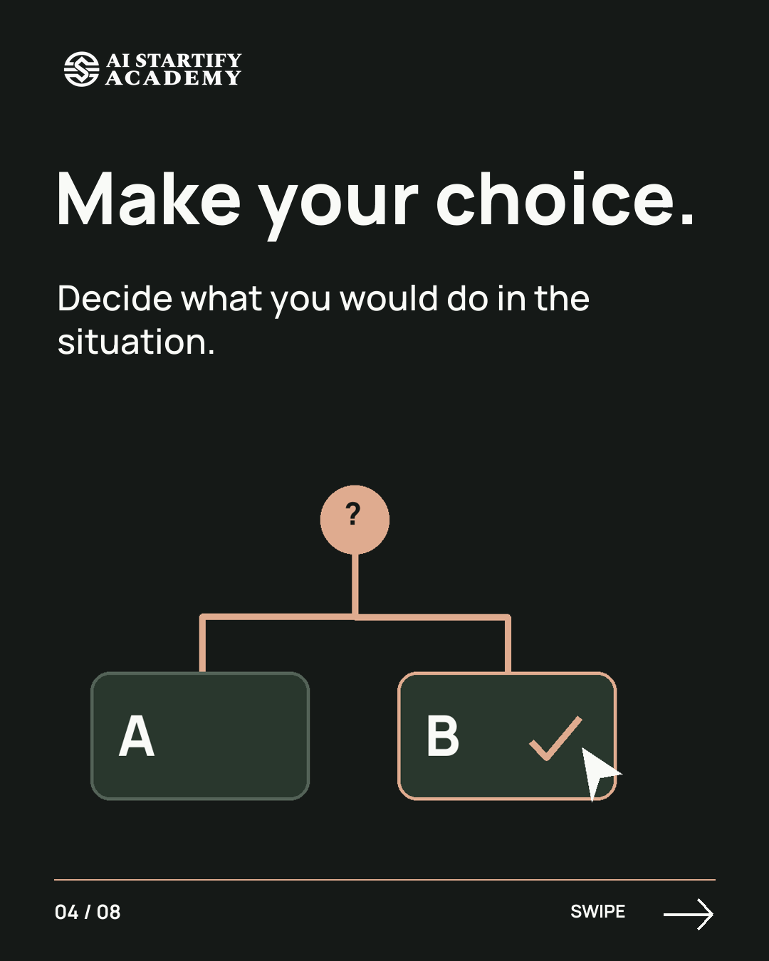 An illustrated walkthrough of active learning: a pause and a cup, a saved notebook, a branching choice, a checkpoint, and a retry loop. Ends with Founder Academy as AIStartify’s first track and a pre-registration teaser. — slide 4