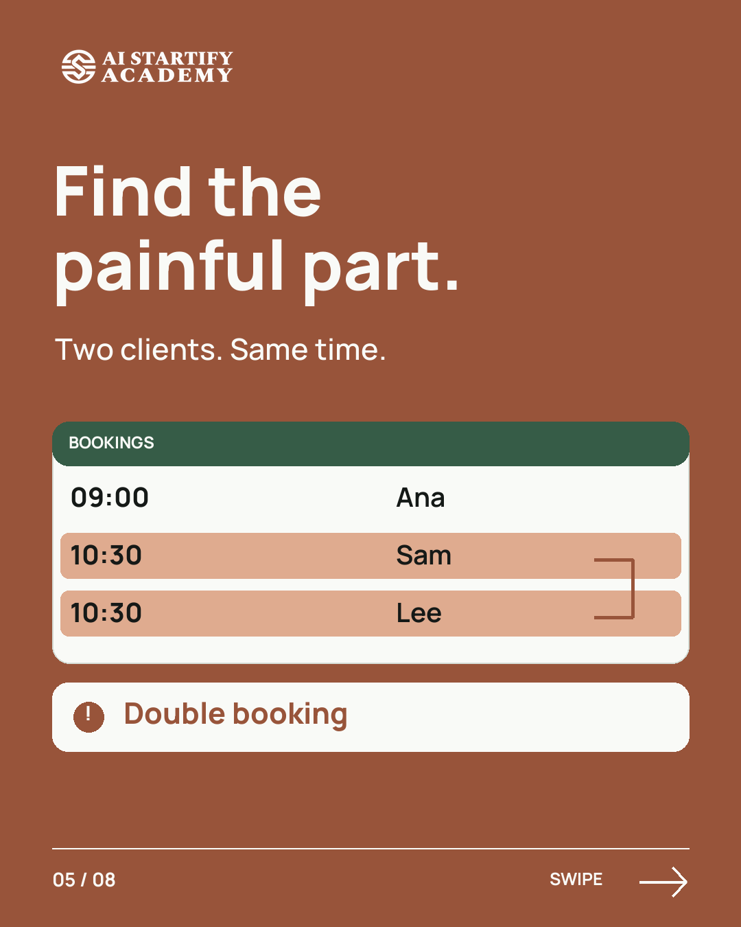 A spreadsheet, the effort of switching tools and a double booking illustrate why a new app needs to solve a concrete problem. — slide 5
