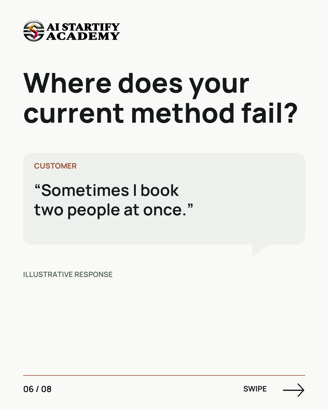 A spreadsheet, the effort of switching tools and a double booking illustrate why a new app needs to solve a concrete problem. — slide 6