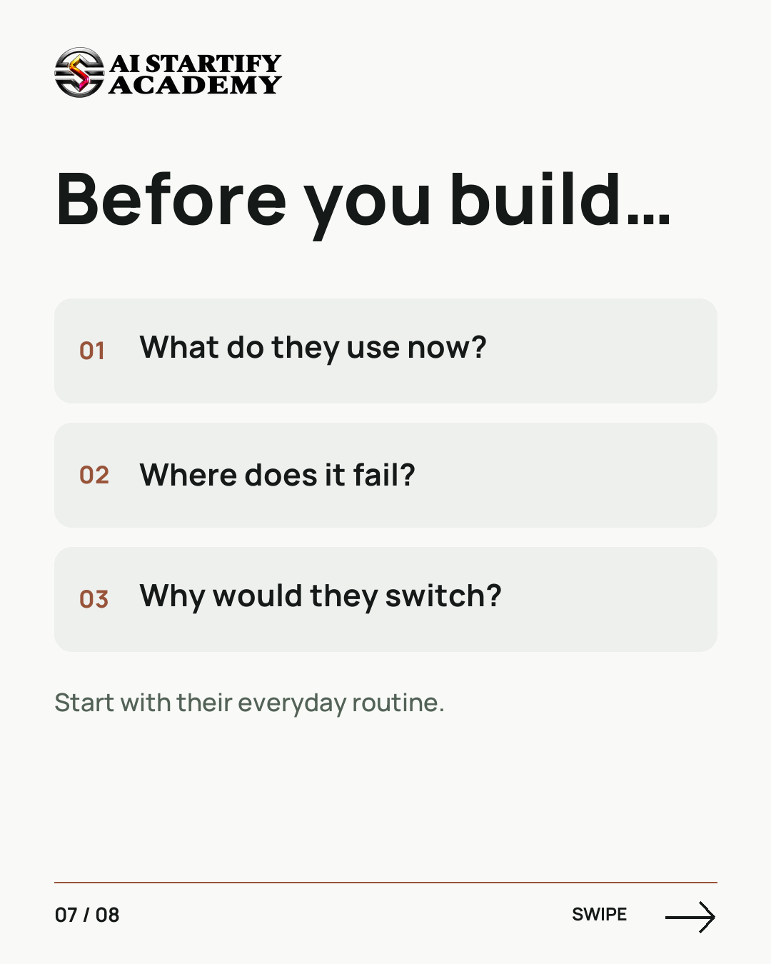 A spreadsheet, the effort of switching tools and a double booking illustrate why a new app needs to solve a concrete problem. — slide 7