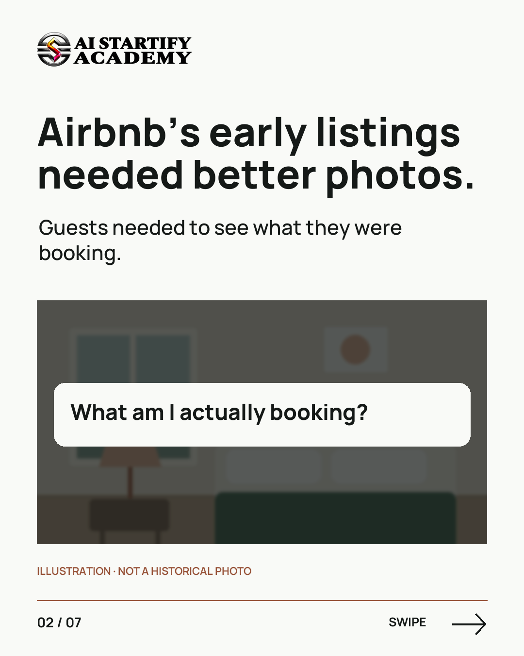 Seven illustrated slides connect Airbnb’s early host visits and better listing photos to a founder lesson: understand customer hesitation before adding features. Ends with Founder Academy pre-registration coming soon. — slide 2