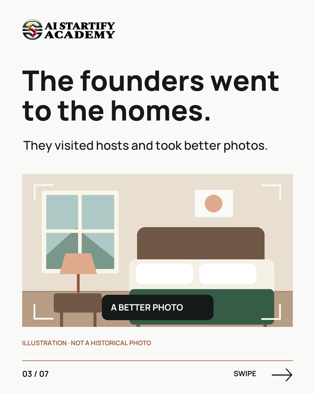 Seven illustrated slides connect Airbnb’s early host visits and better listing photos to a founder lesson: understand customer hesitation before adding features. Ends with Founder Academy pre-registration coming soon. — slide 3