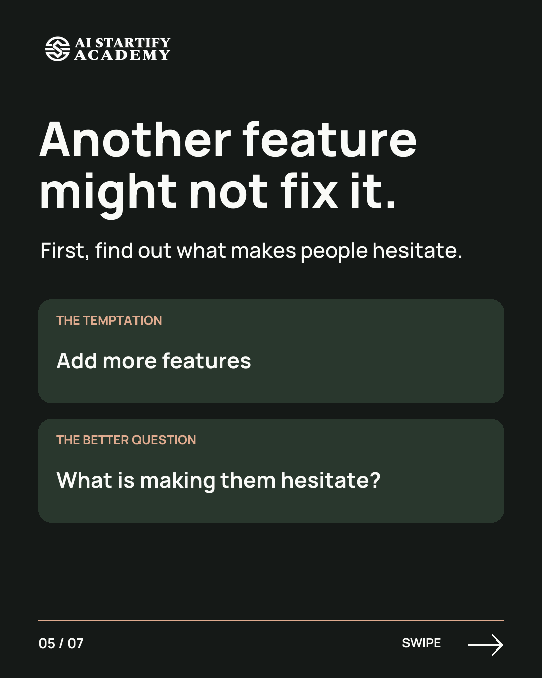 Seven illustrated slides connect Airbnb’s early host visits and better listing photos to a founder lesson: understand customer hesitation before adding features. Ends with Founder Academy pre-registration coming soon. — slide 5