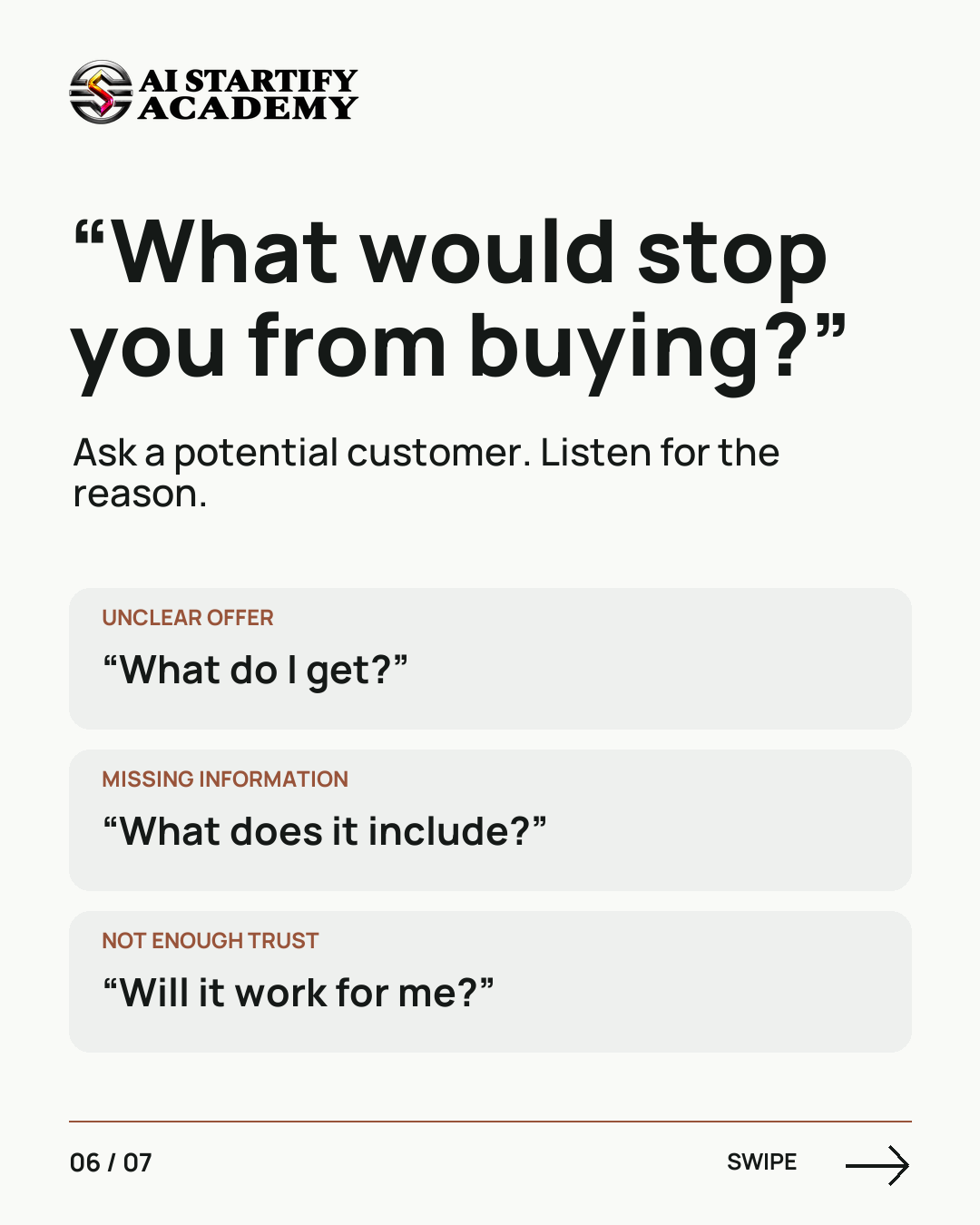 Seven illustrated slides connect Airbnb’s early host visits and better listing photos to a founder lesson: understand customer hesitation before adding features. Ends with Founder Academy pre-registration coming soon. — slide 6