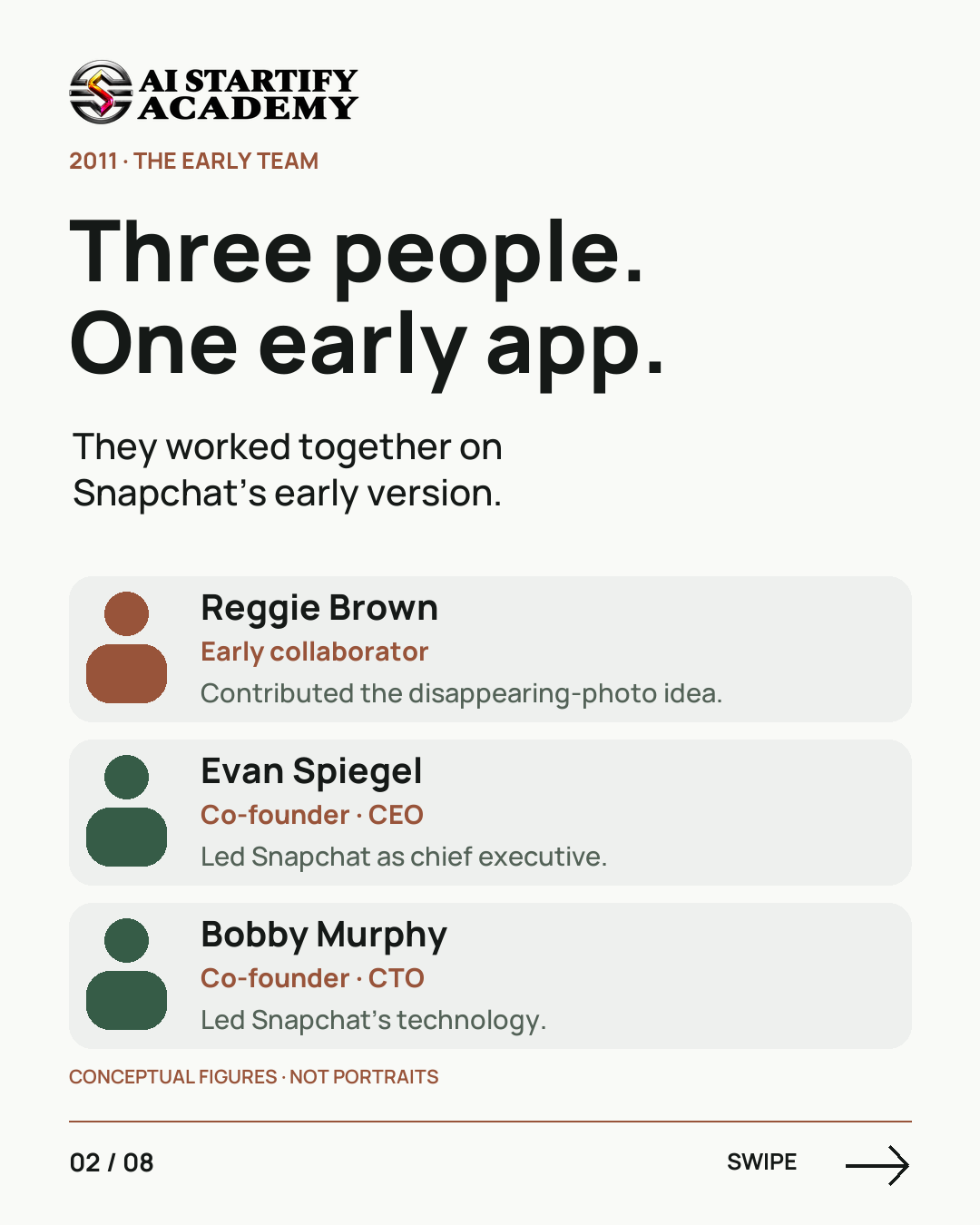 Eight illustrated slides recount Snapchat’s ownership dispute with early collaborator Reggie Brown, distinguish his claim from the settlement, and invite viewers to learn the founder journey at AIStartify Academy. — slide 2