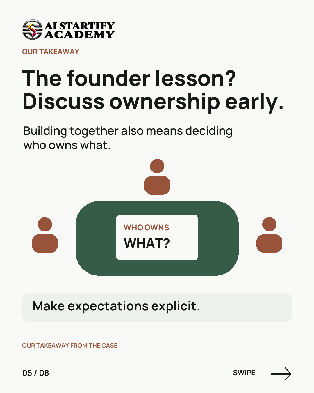 Eight illustrated slides recount Snapchat’s ownership dispute with early collaborator Reggie Brown, distinguish his claim from the settlement, and invite viewers to learn the founder journey at AIStartify Academy. — slide 5
