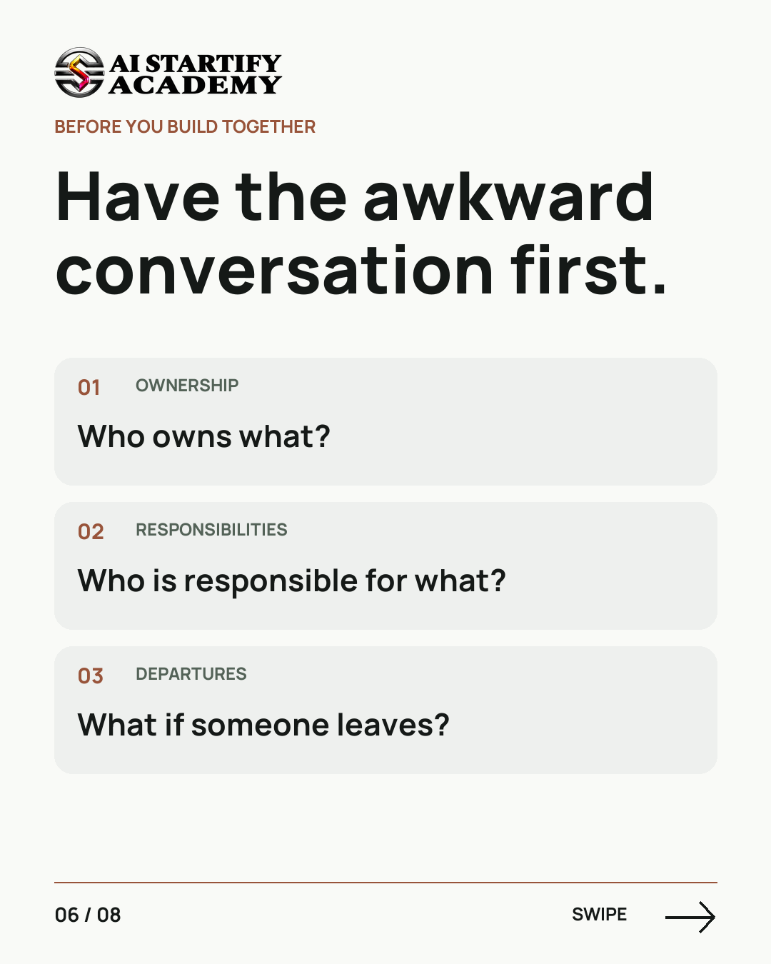 Eight illustrated slides recount Snapchat’s ownership dispute with early collaborator Reggie Brown, distinguish his claim from the settlement, and invite viewers to learn the founder journey at AIStartify Academy. — slide 6