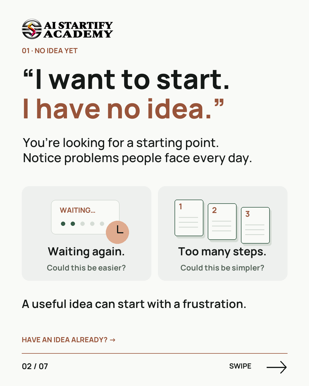 Seven-slide audience carousel asks whether Founder Academy is for you, showing five situations: no idea, an idea without next steps, a built project without users, compliments without purchases, and starting with a friend. Ends with pre-registration coming soon. — slide 2