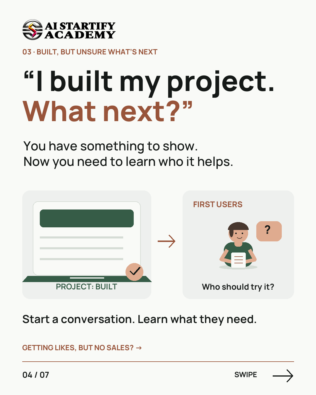 Seven-slide audience carousel asks whether Founder Academy is for you, showing five situations: no idea, an idea without next steps, a built project without users, compliments without purchases, and starting with a friend. Ends with pre-registration coming soon. — slide 4